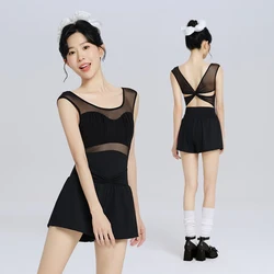 Women Ballet Leotards Black Dance Camisole Sleeveless Mesh Splicing Gymnastic Leotard Adult Cross-back Ballet Bodysuit