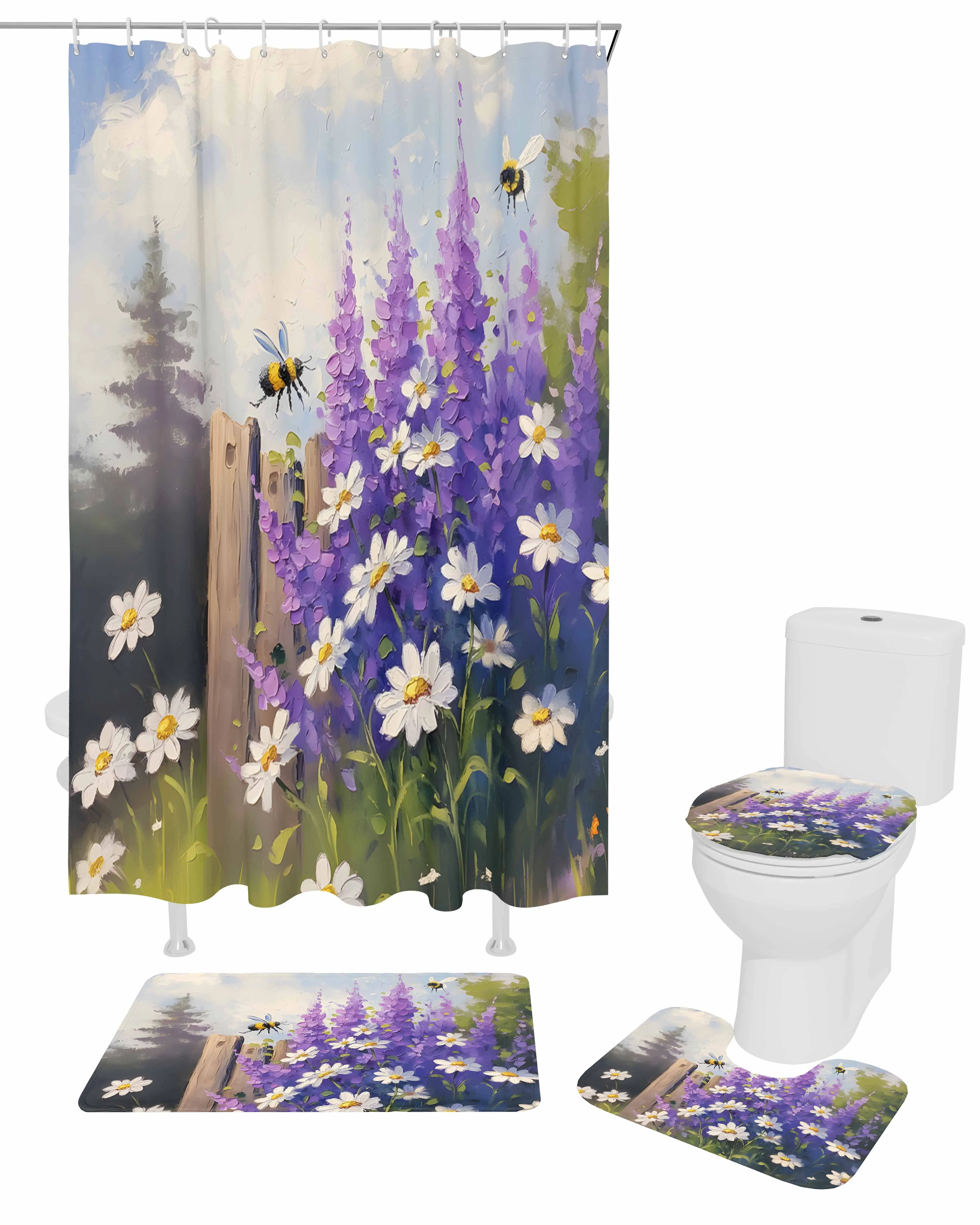 Oil Painting Purple Lavender Daisy Bee Shower Curtain Set Non-Slip Rugs Bath Mat Toilet Lid Cover Waterproof Bathroom Curtain