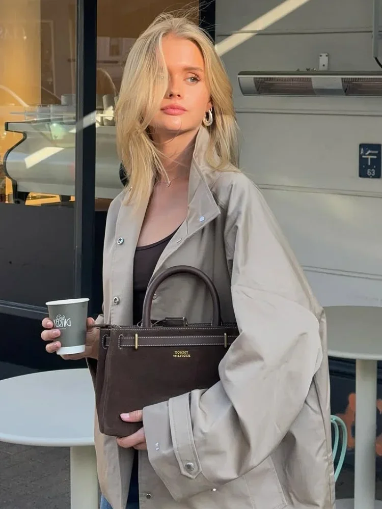 

Women Fashion Solid Cropped Jacket Casual High Neck Single-breasted Pocket Loose Coats 2025 New Autumn Lady High Street Wear