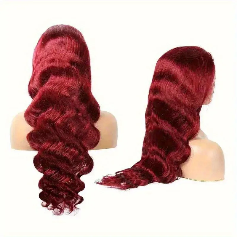 30 بوصة 99j بورجوندي الدانتيل الجبهة الباروكات شعر الإنسان قبل قطعها مع شعر الطفل 200% الكثافة 13X4 الأحمر الجسم موجة خصلات الشعر المستعار الإنسان