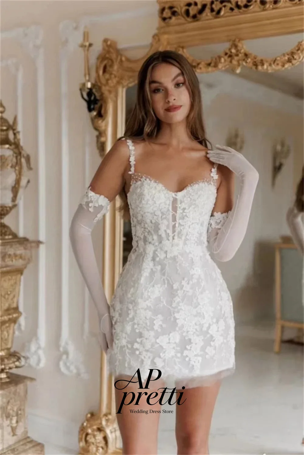 AP pretti 2026 Customized Sexy Spaghetti Strap Sweetheart Collar Wedding Dresses For Woman Floral Lace Short Bridal Gown
