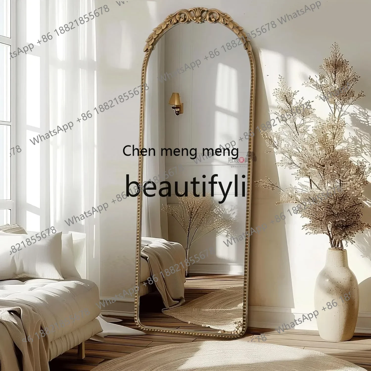 

European light luxury, home floor-to-ceiling arched dressing mirror, bedroom cloakroom, French retro carved fitting mirror2936