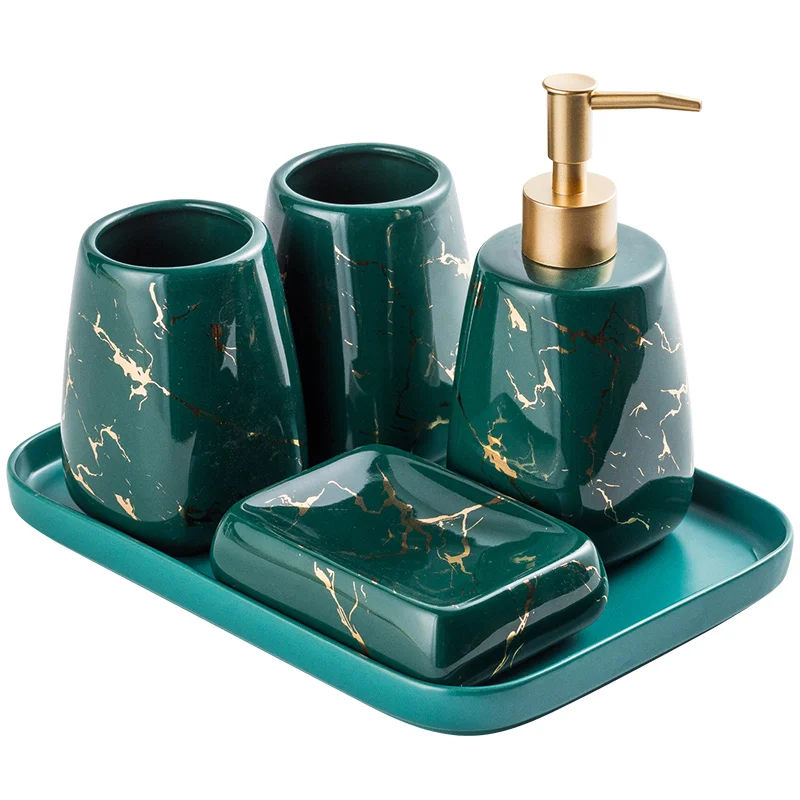 Ceramic Glossy Marble Bathroom Accessory Set Washing Tools Bottle Mouthwash Cup Soap Toothbrush Holder Tray Home Hotel Wash SetF