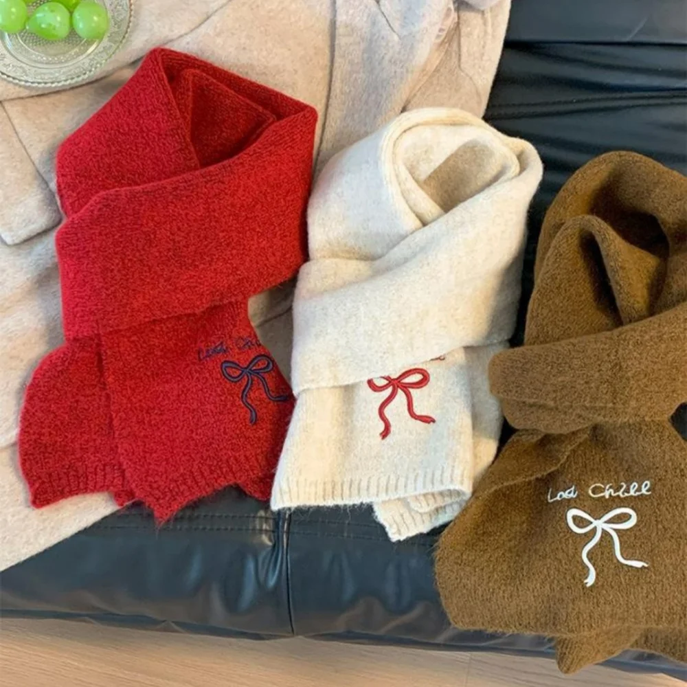 

Модный шейный платок, универсальный однотонный шарф, вязаный шарф для пары, шарф с мягким бантом и вышивкой для повседневной носки, зимняя одежда