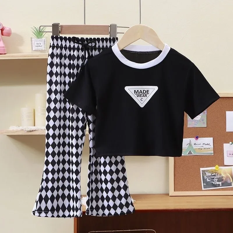 

Summer Children Girls Clothes Set Teenage Letter Printing Sweet Tshirts and Plaid Pants 2pcs Suit Fashion Top Bottom Ins Outfits