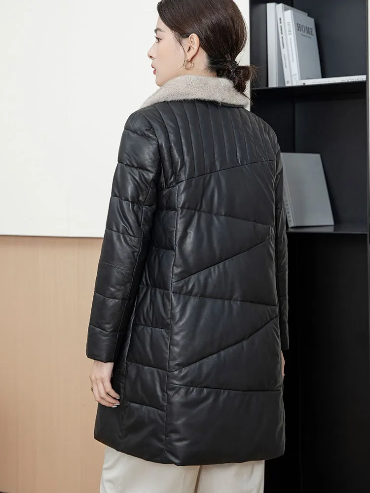 Piumino da donna in vera pelle invernale caldo collo in pelliccia di visone slim fit monopetto moda giacca di pelle di pecora medio lunga femminile