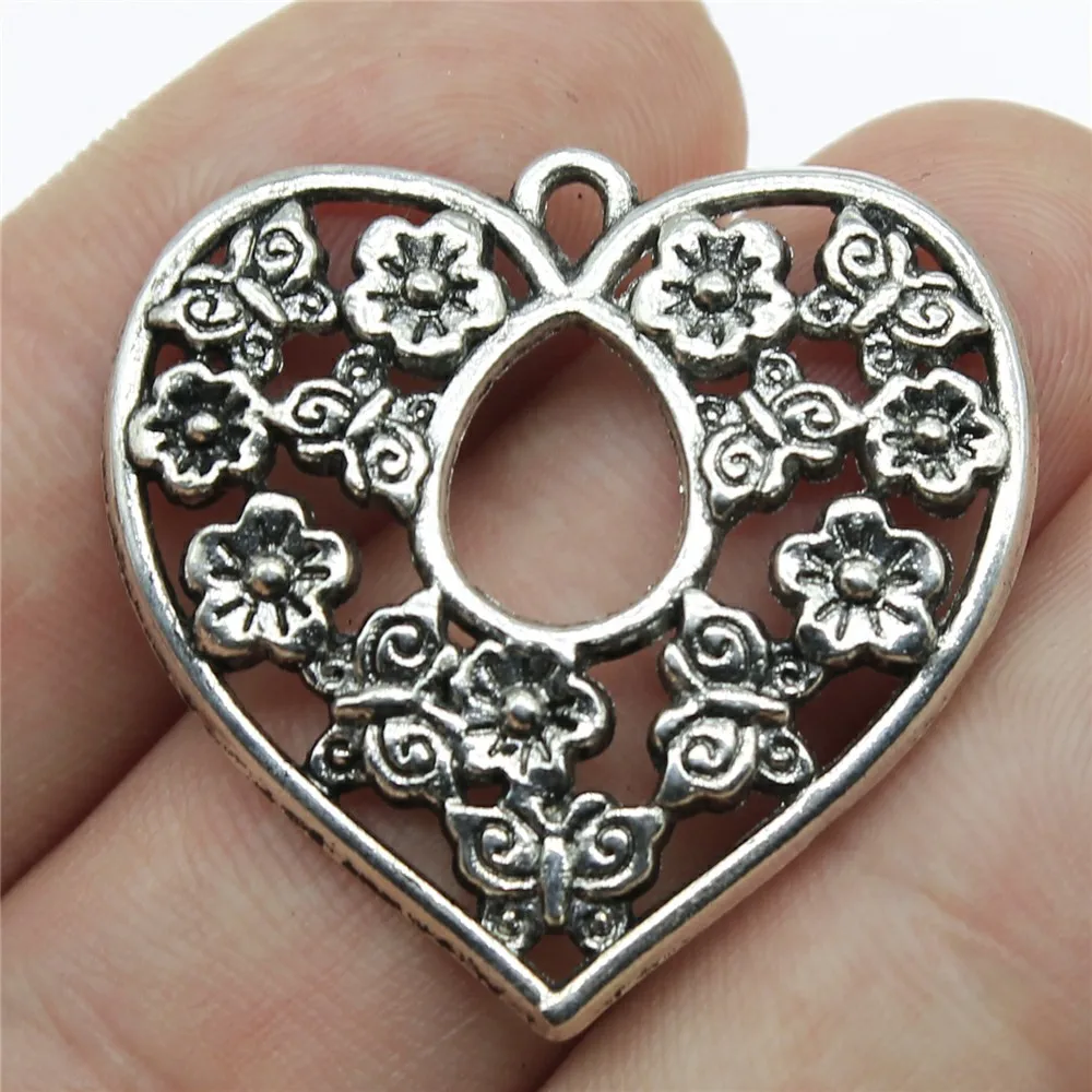 WYSIWYG 4pcs Charms Heart Flower 30x30mm Antique Making Pendant Vintage Tibetan Bronze Silver Color DIY Handmade Jewelry