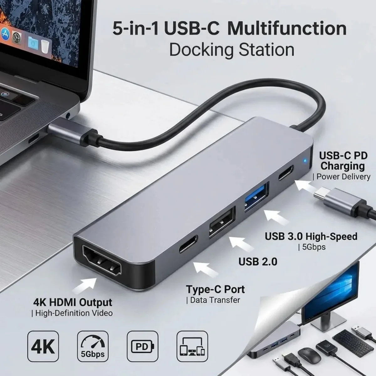 5-in-1 Type-c To HDTV Adapter USB C Hub USB 2.0/3.0 PD Charging Port or MacBook IPad Samsung S10 Dex TV Mouse Keyboard U Disk
