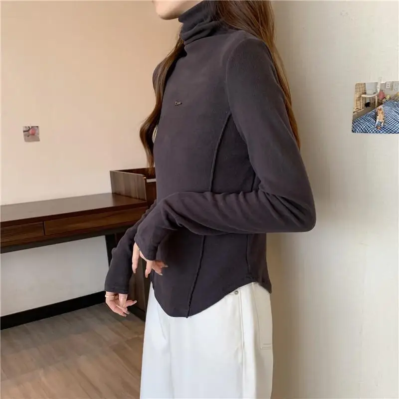 Women's Autumn Winter Fashionable Elegant High Neck Pullover Long Sleeved Solid Color Bottom Shirt Versatile Westernstyle Tops