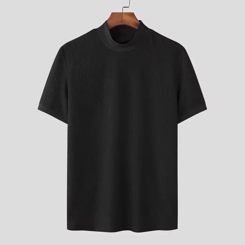 Men's Half High Collar Solid T-Shirt Short Sleeve Pullover Tops Summer Knit Shirt Casual Man Fitness Tees Trend Streetwear