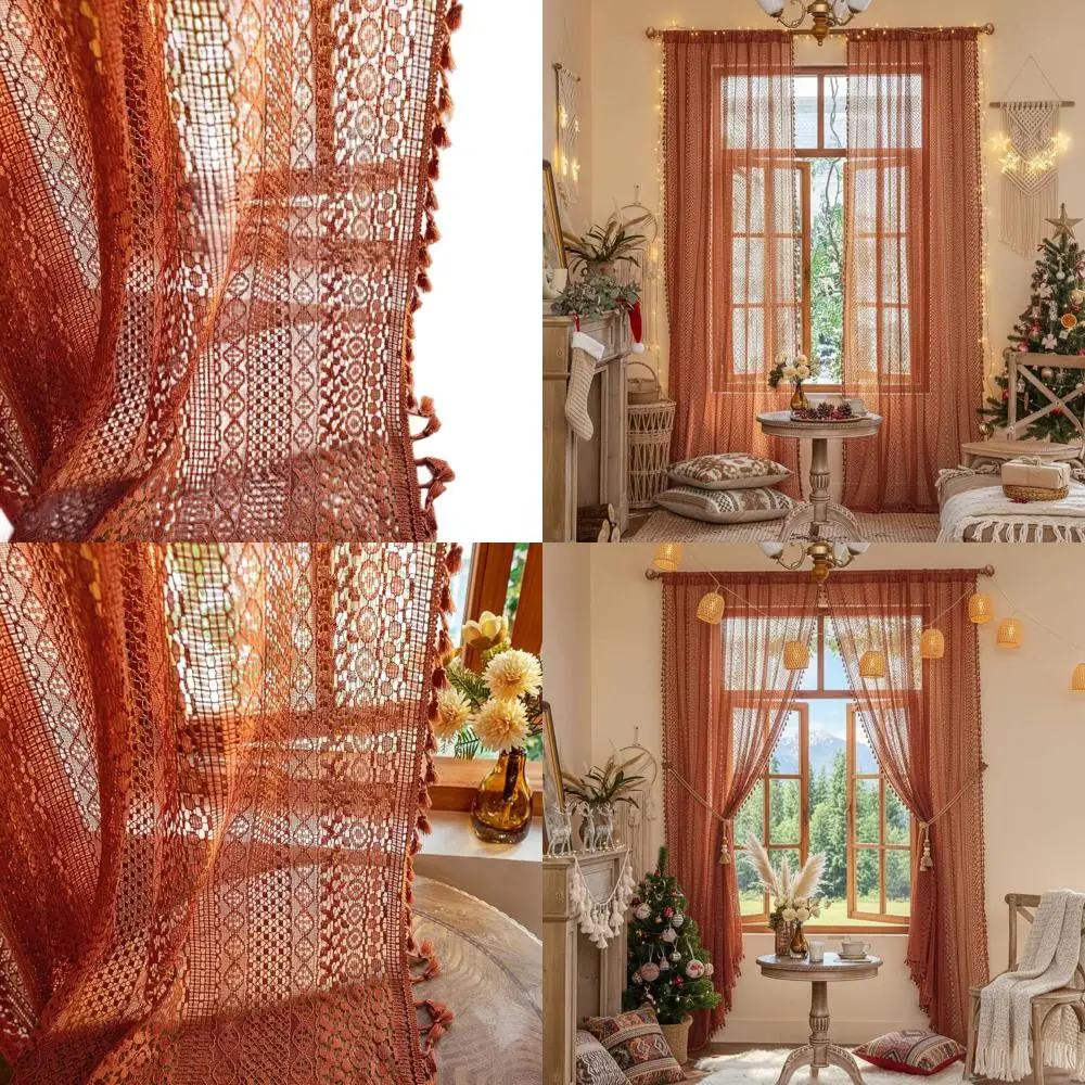 

Прозрачные шторы оранжевого цвета, 84 дюйма, длинные карманы для стержня, хлопковые вязанные крючком кружевные шторы в стиле бохо, 2 панели, деревенская защита от ржавчины, светофильтр Terr
