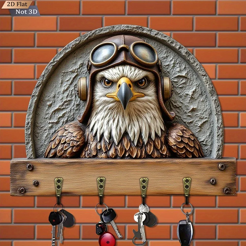 2D Flat, 1pc, Aviator Eagle Head Key Hook, Wooden Multifunctional Home Key Holder with Four Metal Hooks, Suitable for Wall