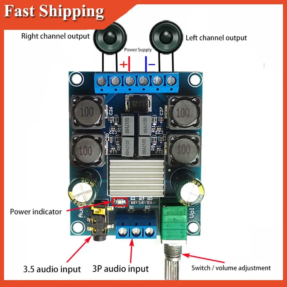 Эффективный двухканальный цифровой усилитель мощности TPA3116D2 50Wx2, 2-канальный стерео, высокоэффективная защита от обратного хода XY-502