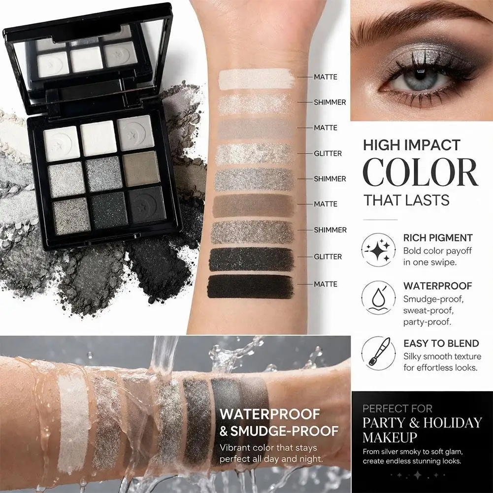 Matte Lidschatten-Palette, hochpigmentiertes Lidschatten-Puder, kreieren Sie einen neutralen Augen-Look, Smokey Eyeshadow, schwarzes, glänzendes Augen-Make-up – Detail 11