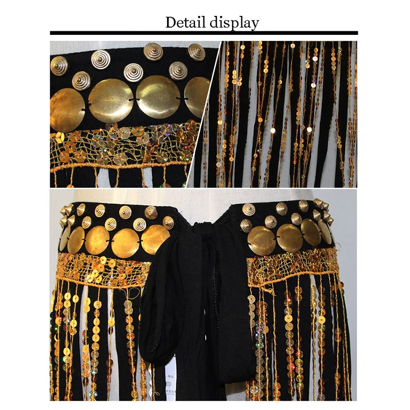 Long Fringe Belly Dance Hip Scarf with Metal Coins Middle Eastern Dance Waist Wrap for Performance Practice