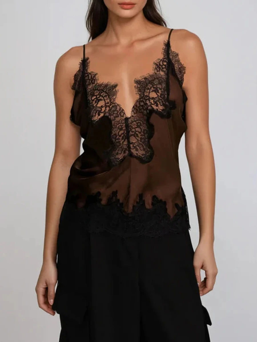 TWOTWINSTYLE Colorblock Slimming Fashion Vest for Women V Neck Sleeveless Patchwork Lace Temperament Tops Female Clothing New