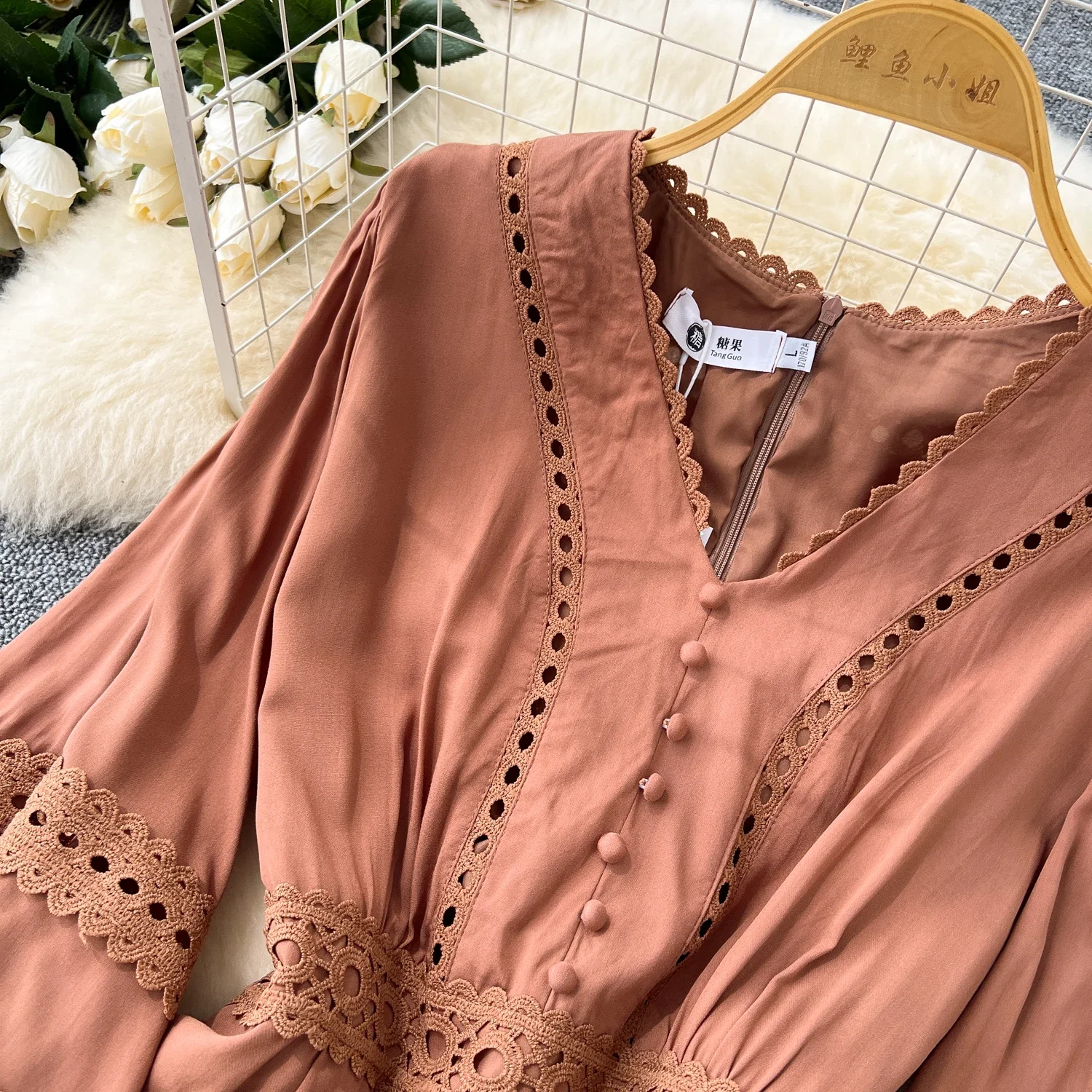 Chic Korean Hollow Out Lace Spliced Sexy V-neck Long Lantern Sleeve Slim Dress Vintage Women High Street Autumn Winter Clothing