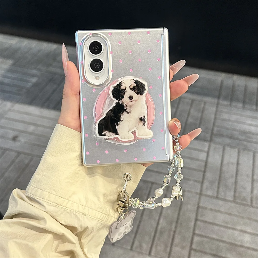 Cute Pink Polka Dot Puppy Phone Case For Samsung Galaxy Z Fold8 Dog Pop‑Up Socket Stand Wrist Chain Protection Shockproof Cover