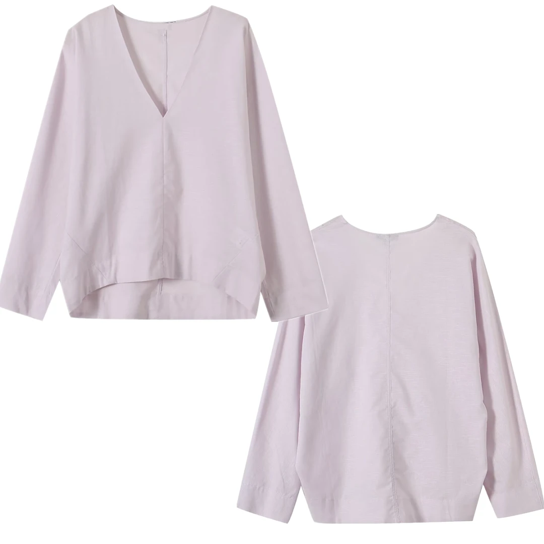 

Maxdutti Fashion Elegant Women's Blouses And Shirt Woman clothing Women's Shirt 30%Linen+70%Cotton V-neck Loose Pullover Tops