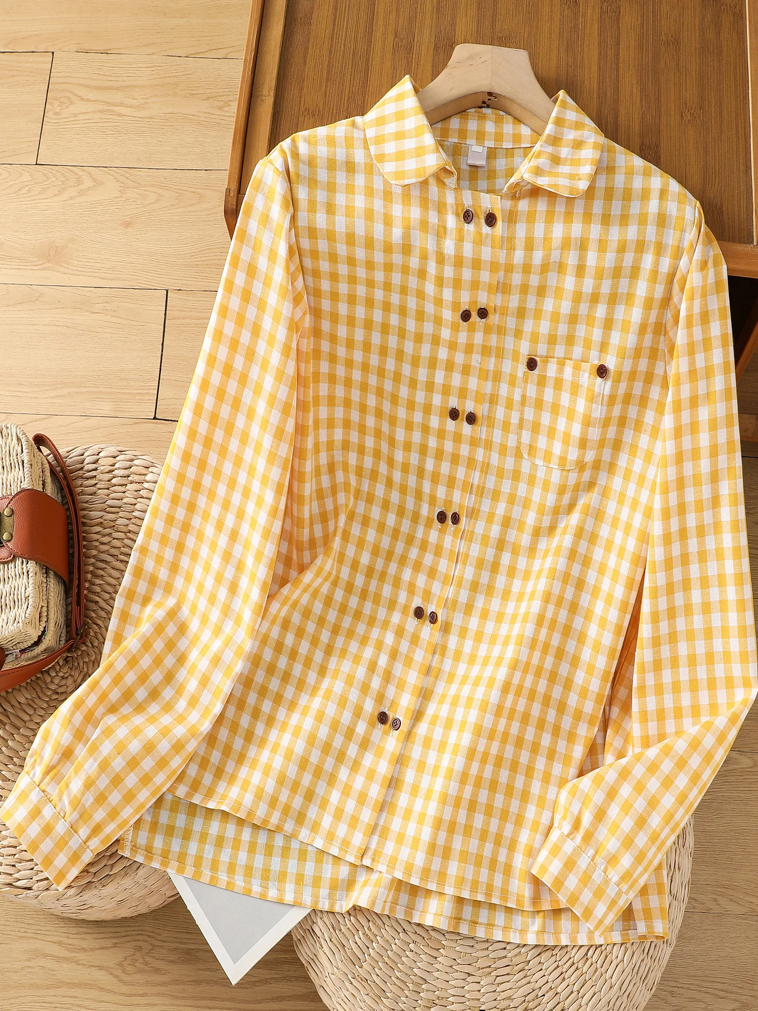 Retro Plaid Katoen Linnen Lange Sve Dames Irt Lente Nieuwe Sle Casual Pop Kraag Open Vest Irt Anti-aging Top