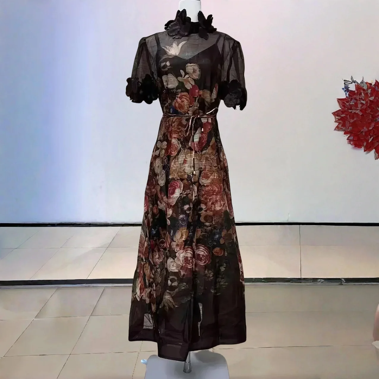 

Embroidered Linen Midi Dress Delicate Details Loose Fit Bohemian Charm Short Sleeve Beach Vacation Look for Women Dresses