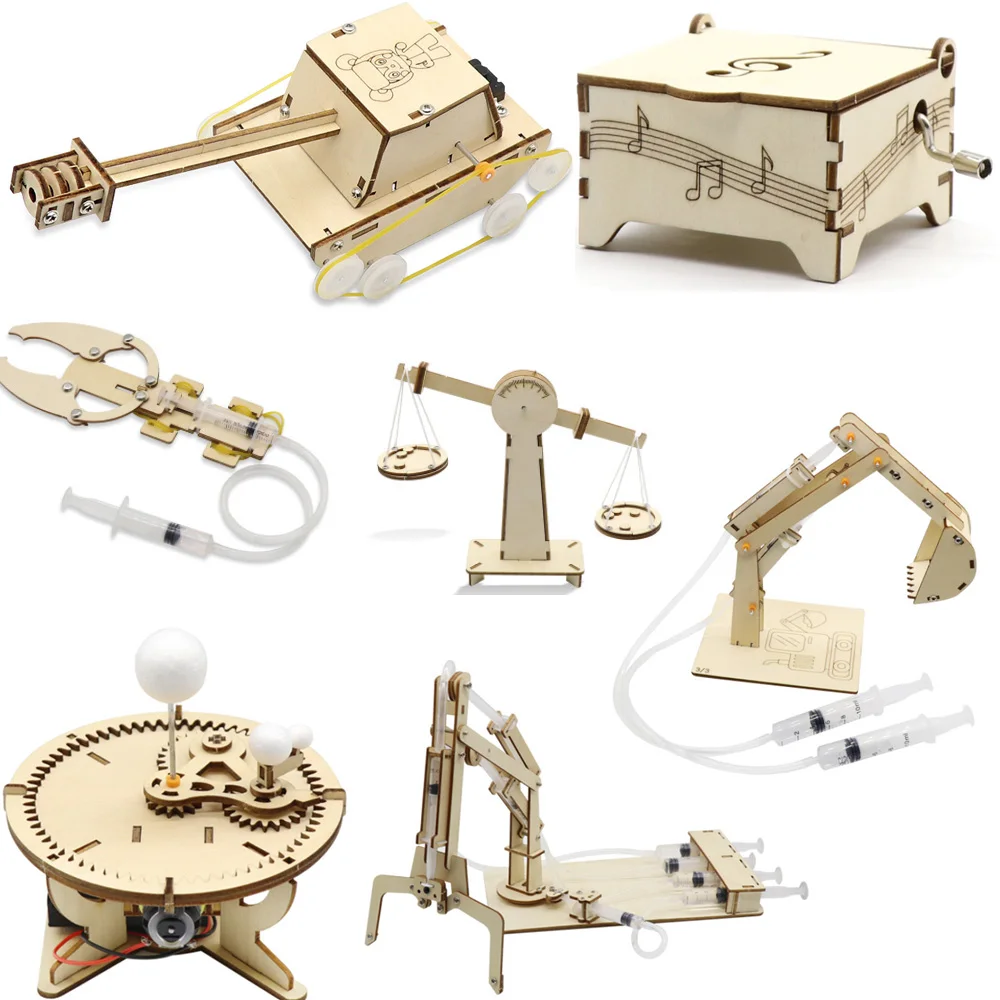 

Kids DIY Science Toys Educational Scientific Experiment Kit Wood Tank / Music box / Balance/ Mechanical forceps/Excavator/Clock