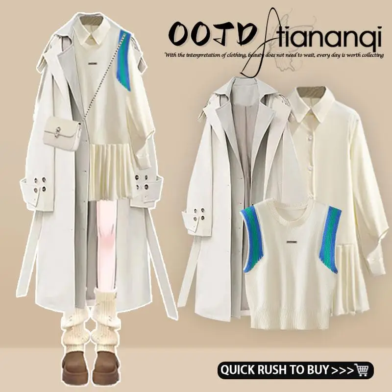 

Autumn Winter Women's Knitted Windbreaker Tee-Piece Set Long Sve Midi Dr irt And Vest in adient Colors Briti Sle
