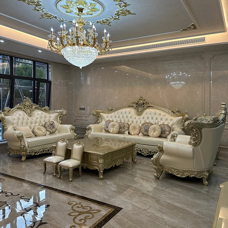 

European leather sofa solid wood luxury villa large living room simple luxury champagne gold paint French light luxury furniture