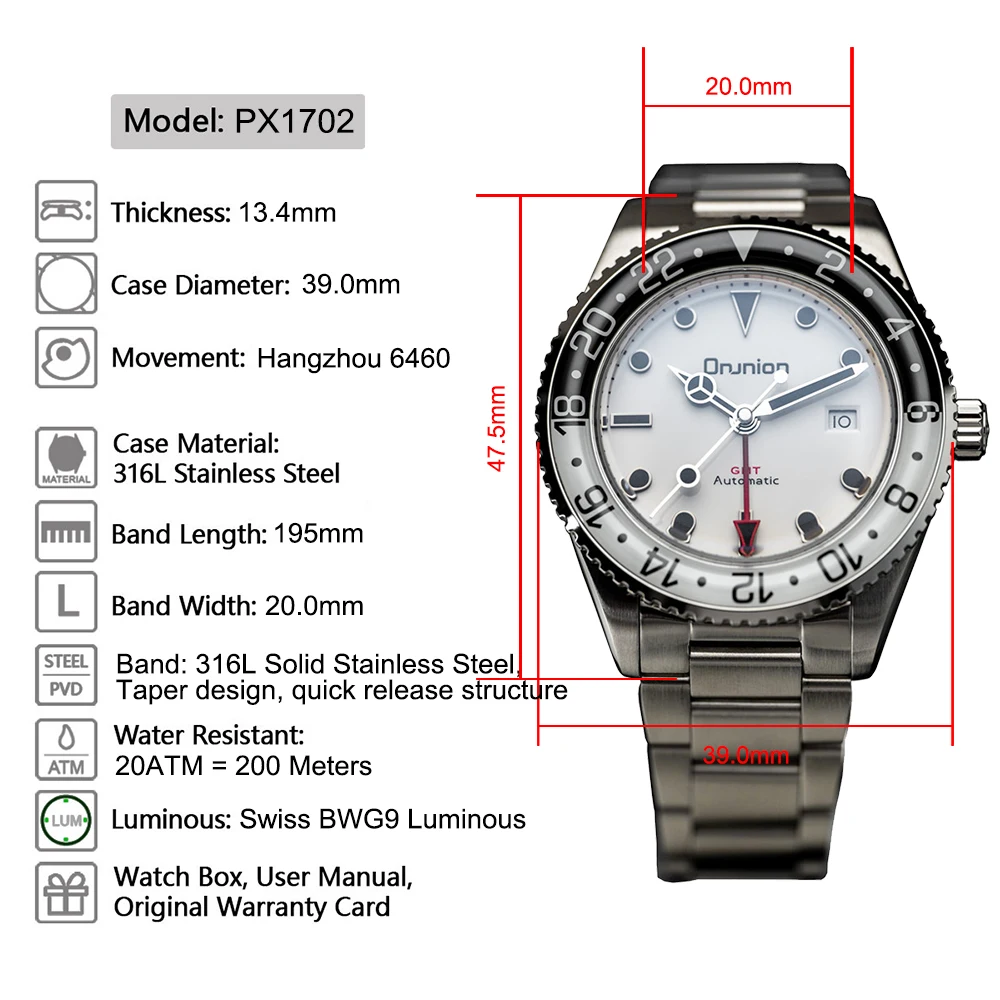 Proxima PX1702 39mm GMT 6460 Luxury Style Men Automatic Mechanical Watch Luminous Bidirectional Bezel Sapphire 20Bar Clock