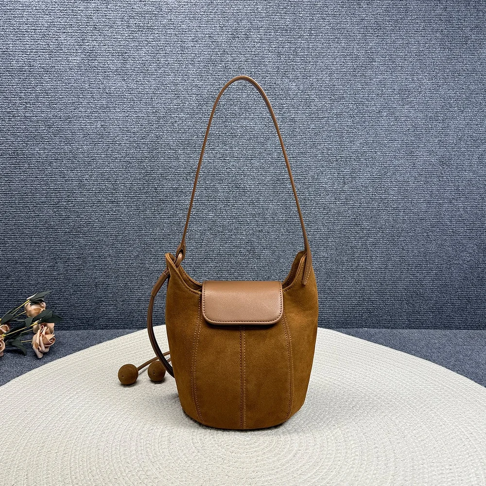 

2025 Autumn/winter New Suede Casual Simple Retro Versatile Bucket Bag, Underarm Bag, Single Shoulder Crossbody Pumpkin Bag