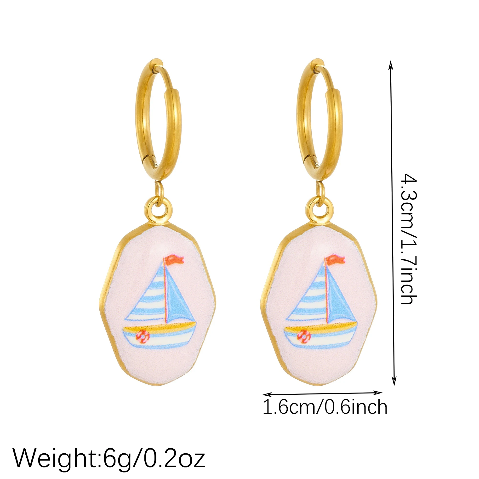 DIEYURO Stainless Steel Cartoon Enamel Sailboat Bubble Tea Irregular Oval Hoop Earrings For Women Fashion Earrings Jewelry Gift