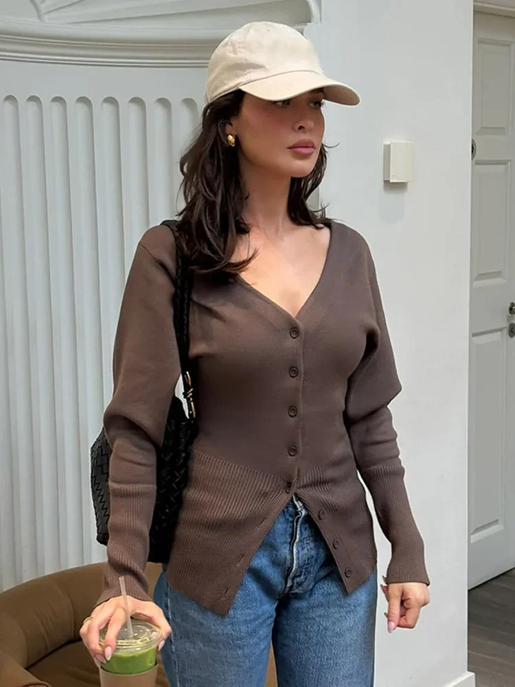 Casual Brown Deep V Knitted Cardigan Women Fashion Long Sleeve Button Split Hem Slim Sweater 2024 Lady Fall Winter New Knitwear