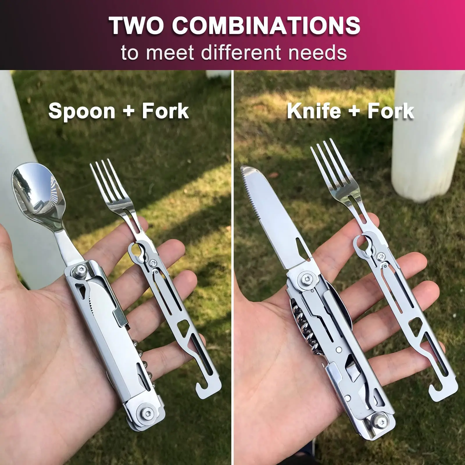 YANBIGUO 6-in-1 Detachable Camping Utensils Flatware Set-Multi-Function Travel Pocket Cutlery Folding Spoon,Knife,Bottle Opener