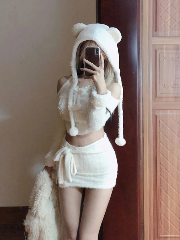 2023 Winter Kawaii Fashion 3 Piece Set Japanese Style Warm Suit Woman Casual Blouse + Y2k Mini Skirt + Cute Hat Solid Clothing