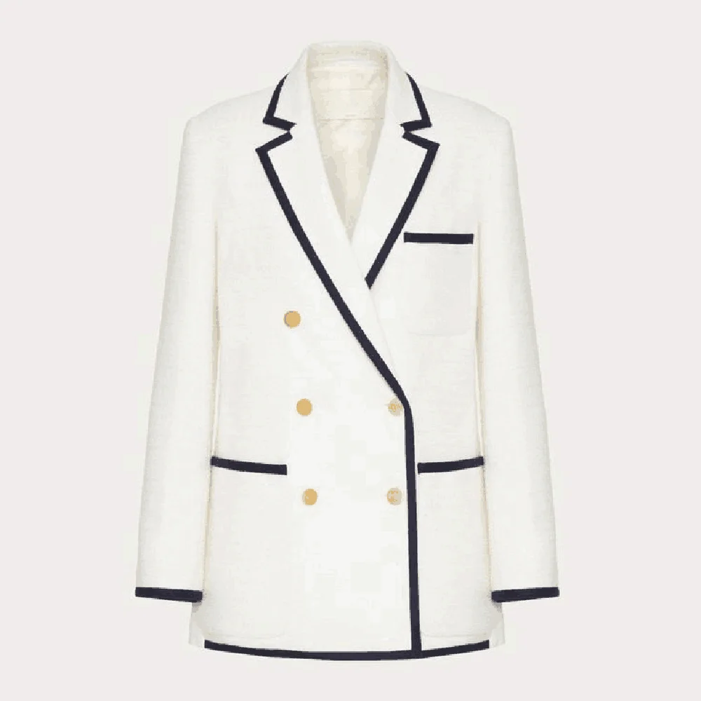 Fashion White Double Breasted Buckle Women's Jacket Fashion Basics Formal Casual Office Lady Long Coat Slim Fit Only 1 Blazer