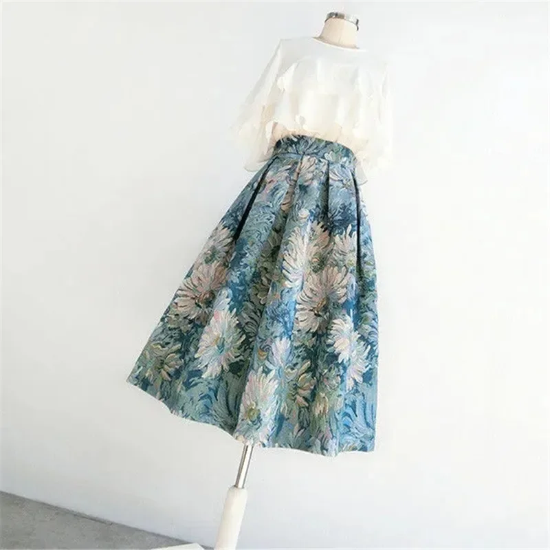 

Vintage Elegant Korean Fashion Oil Painting Ball Gown Skirt High Waist Puffy Pleated Long Midi Skirt Women Falda Aesthetic M92