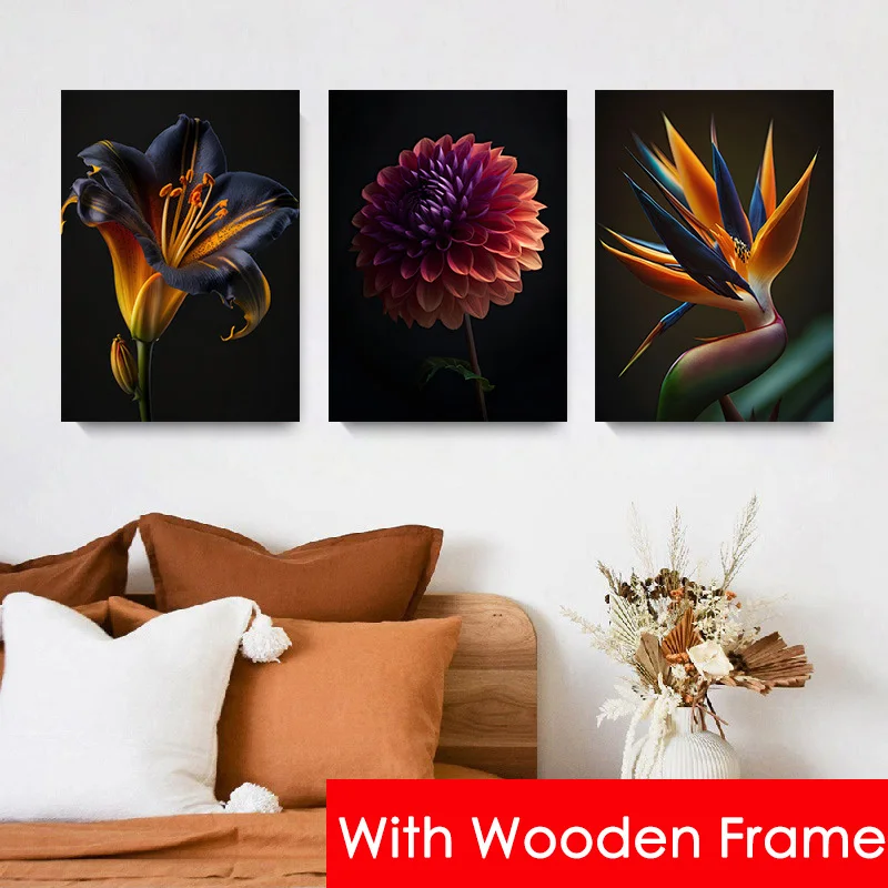 Blooming Dahlia Flower Canvas Painting with Frame Dark Background Floral Flower Poster Nordic Living Room Wall Art Picture Decor