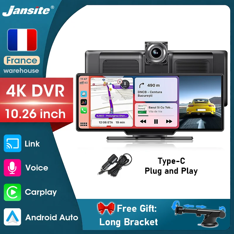 Jansite, schermo touchscreen da 10,26 pollici, con Carplay e Android Auto wireless, videoregistratore DVR 4K, navigazione GPS, doppia telecamera anteriore e posteriore, lettore multimediale video, FM,