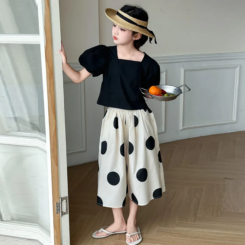 JUCPKID 2024 Korean Summer Junior Girl Clothing Set Teenager Girl Square Neck Bubble Sleeves Tops+Polka Dot Wide-leg Pants