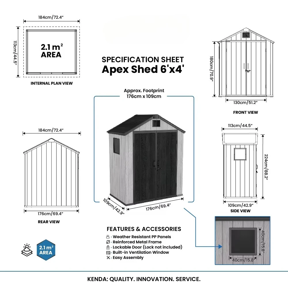 Customize 6'*4' APEX Roof Easy Quick Build PP Tool Shed Maintenance Free Anti-Fade Small Villa Patio Equipment Storage House