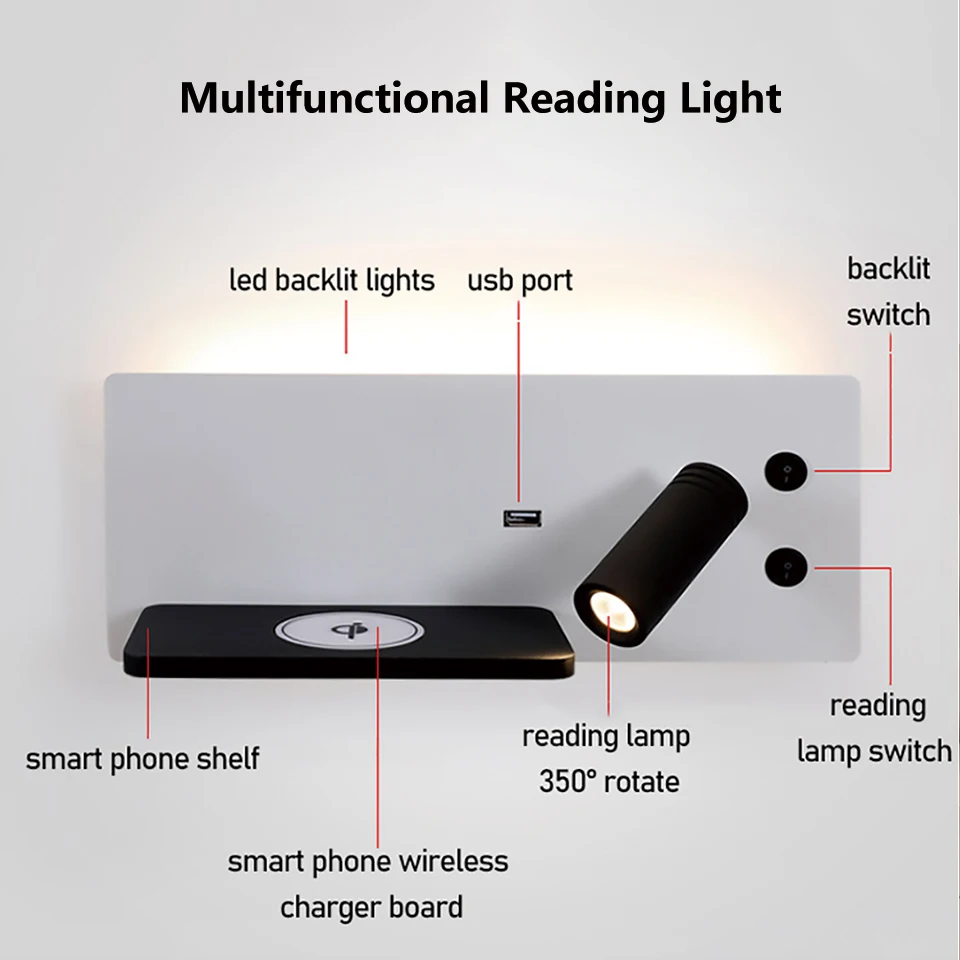 11W LED Wall Light Multifunctional Reading Lamps Modern Bed Side Lamp With Wireless Charging USB Plug Shelf Bedroom Wall Lights