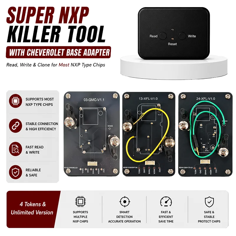 Dispositivo Super NXP Killer Read Copy con base adaptadora para clonar llaves Chevrolet, todas las llaves inteligentes NXP, 4 tokens y versión ilimitada.