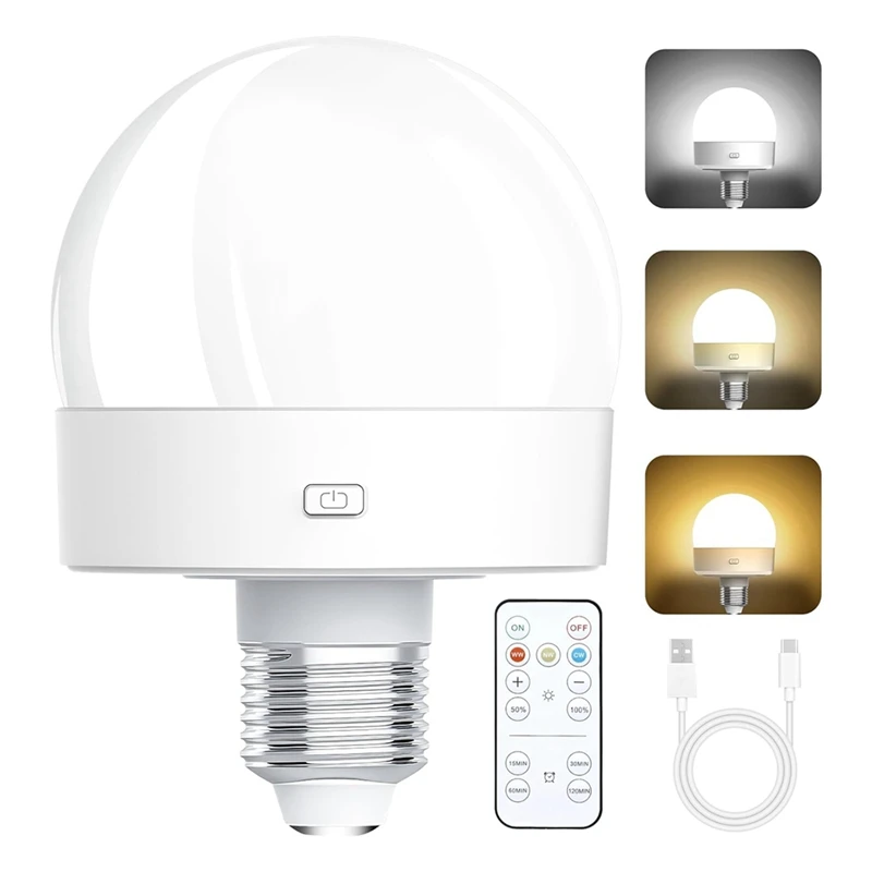 Rechargeable Battery Operated Light Bulbs, 300LM E26 Screw In Light Bulb For Lamps With Remote Control Dimmable&Timer