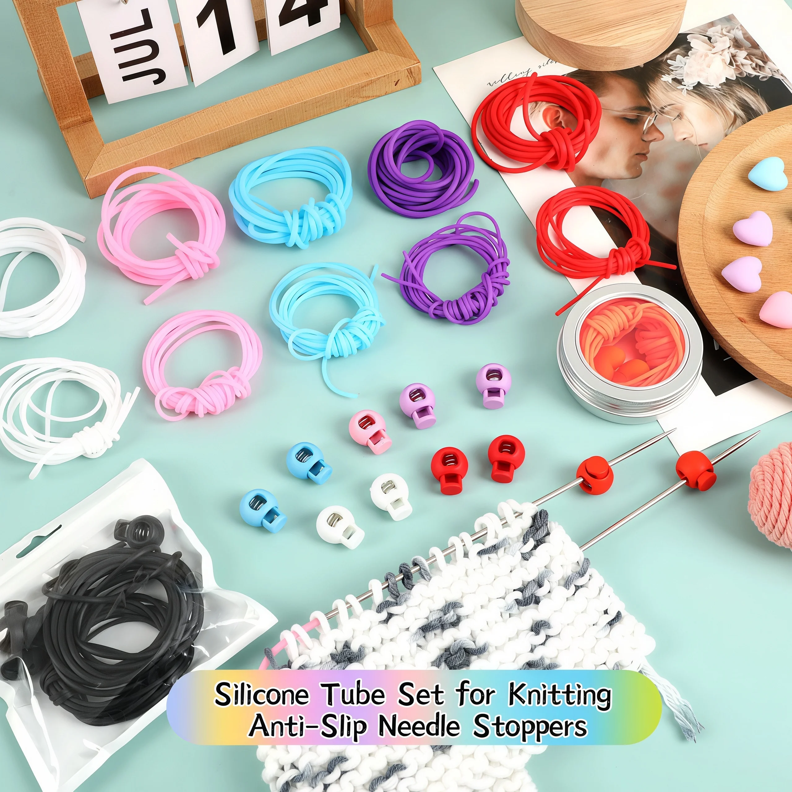 Anti Stripping Needle Tool Needle Stoppers Silicone Tube Set Knitting Stitches Holder Heart Needle Blockage Weaving Tool Set