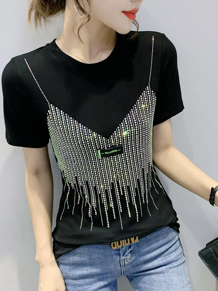 تي شيرت نسائي من Faionable ort Sve مزين ثقيل وتدفئة ماسية كورية Sle بقصة ضيقة من قطن الخيزران مستدير Ne