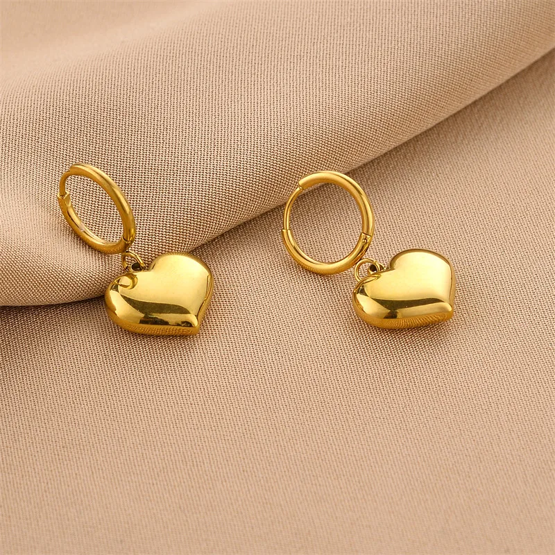 Stainless Steel Love Heart Hoop Earrings for Women Simple Charm Metal Gold Color Piercing Earrings