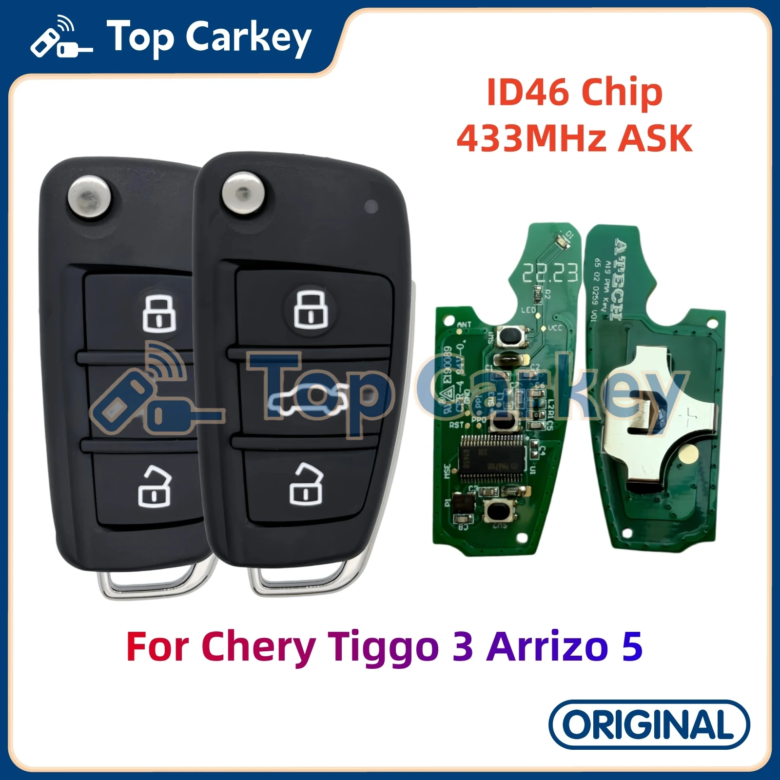 TopCarkey Original Flip Remote Key ID46 Chip 433MHz ASK for Chery Tiggo 3 Arrizo 5 OEM Key Shell Case