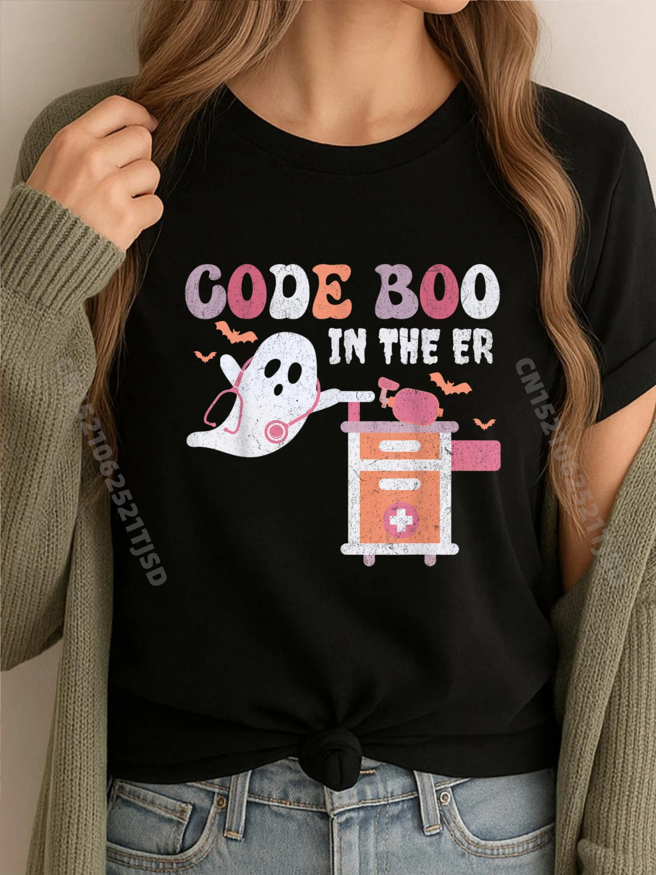 

Ghost Code Boo In The ER Респираторный терапевт Хэллоуин Роскошная футболка Уличная женская футболка для женщин 4 июля