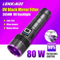 80W 365NM Black Mirror UV Flashlight High Power Type-c Rechargeable Portable Waterproof 26650 Uv Torch Linterna Ultravioleta