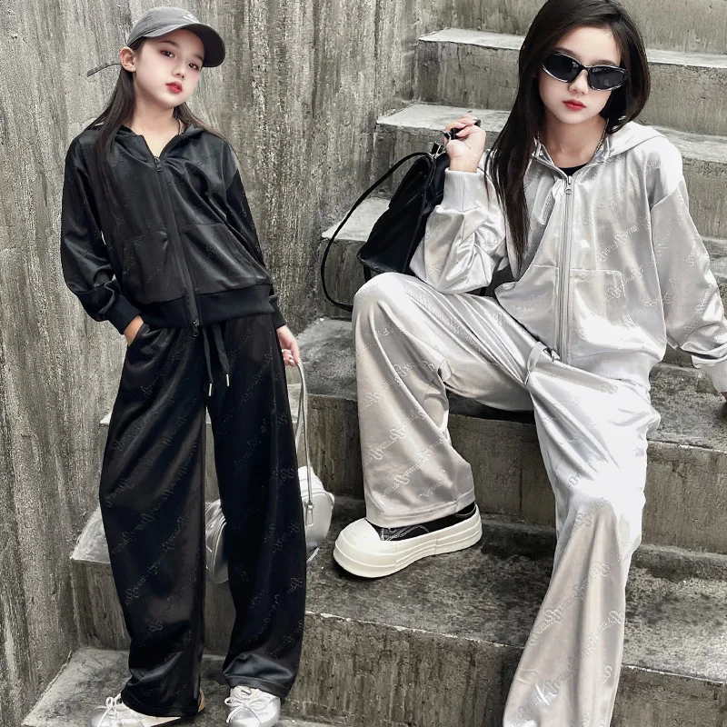 

autumn teen girls Shining tracksuits set Hot stamping hooded zipper jacket+casual wide leg pants 2 junior kid suit child outfits